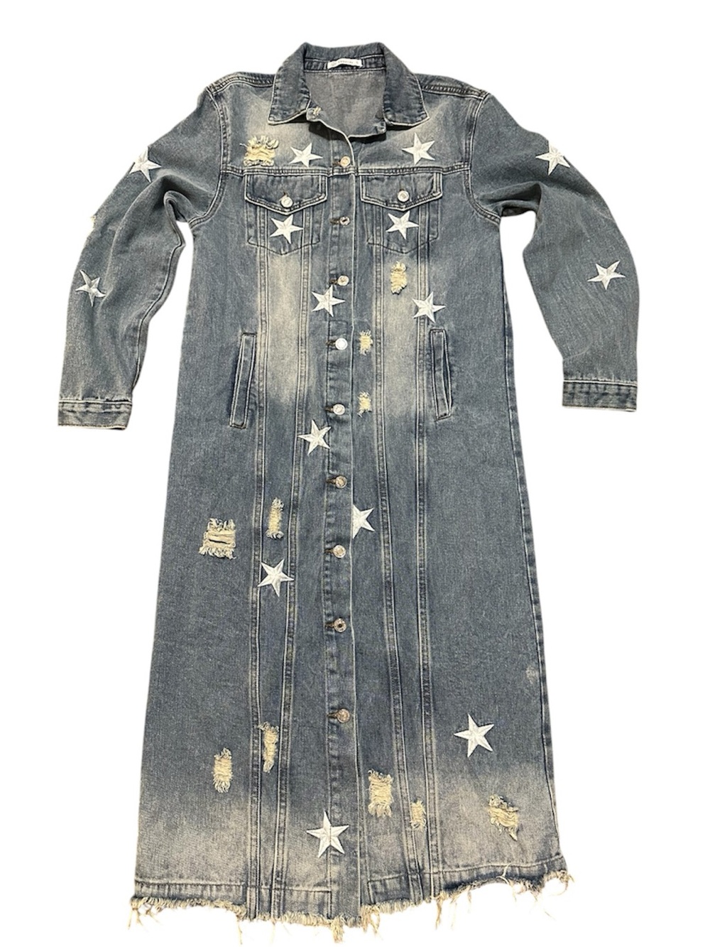Veveret Distressed Frayed Embroidered Star Long Denim Jacket Size Small